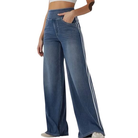 HALARA Denim - NWOT Halara Flex High Waisted Stripe Wide Leg Jeans Pockets Medium Tide Blue